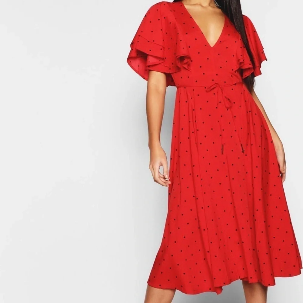 mini polka dot ruffle angel sleeve midi dress​​​​​​​